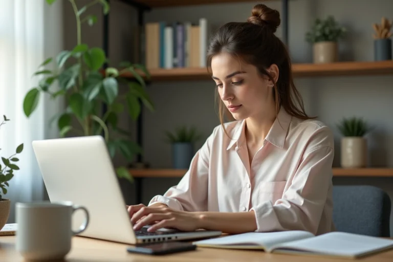 Jeune femme concentrée sur son ordinateur dans un bureau moderne