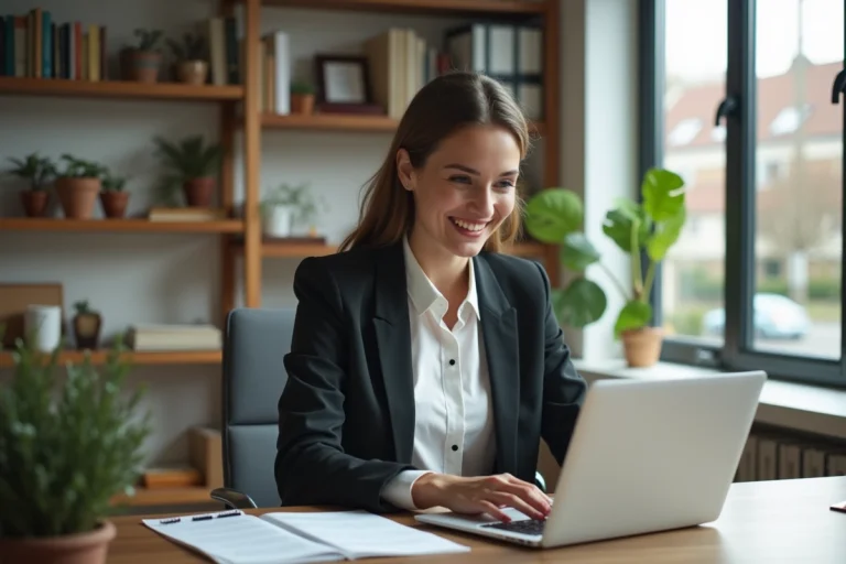 Jeune femme souriante travaillant sur son ordinateur dans un bureau organisé