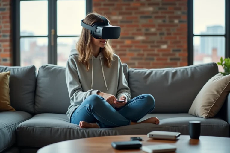 Jeune femme testant un casque de réalité augmentée dans un loft urbain