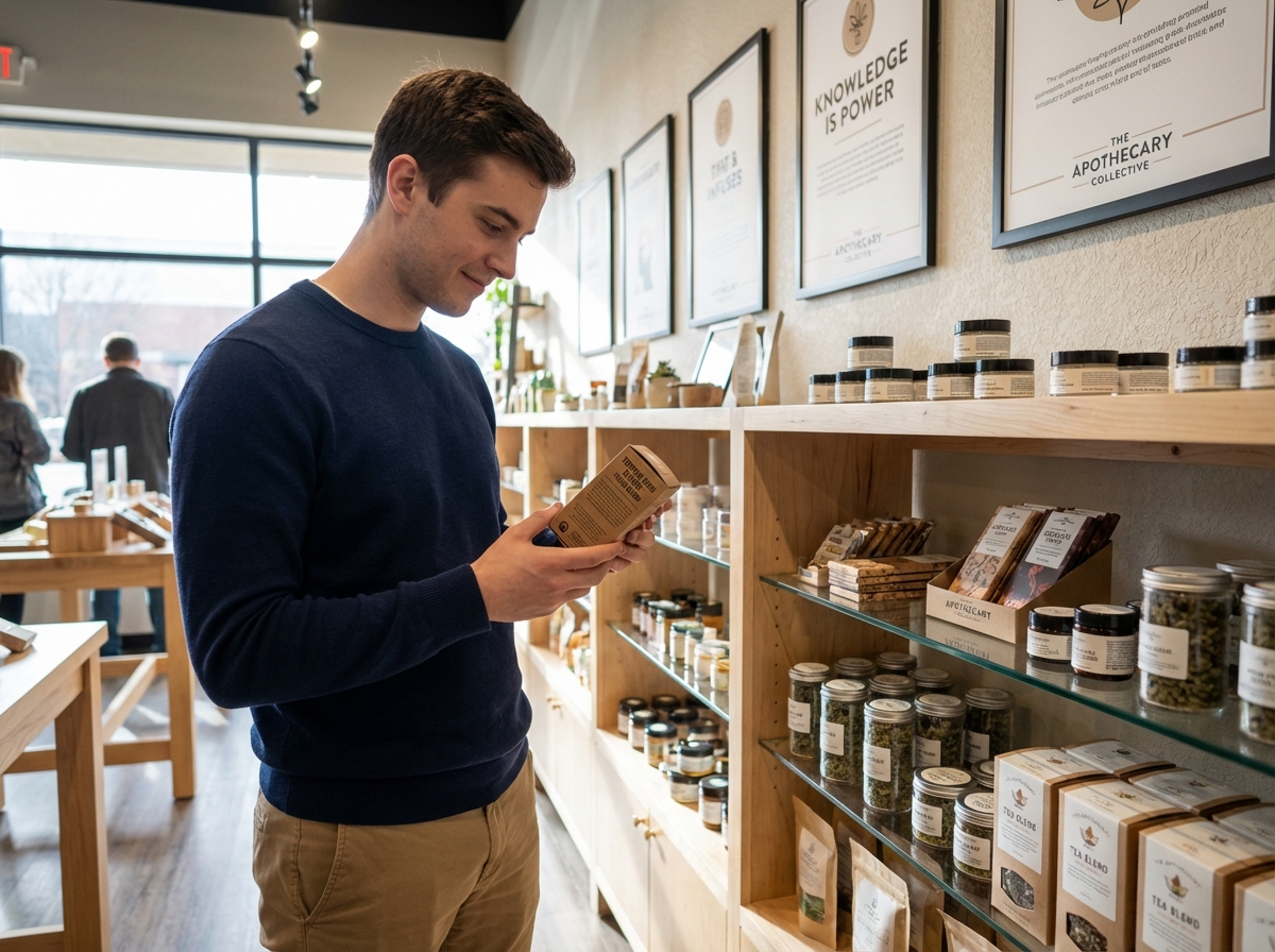 Jeune homme regardant une boîte de produits au cannabis en boutique