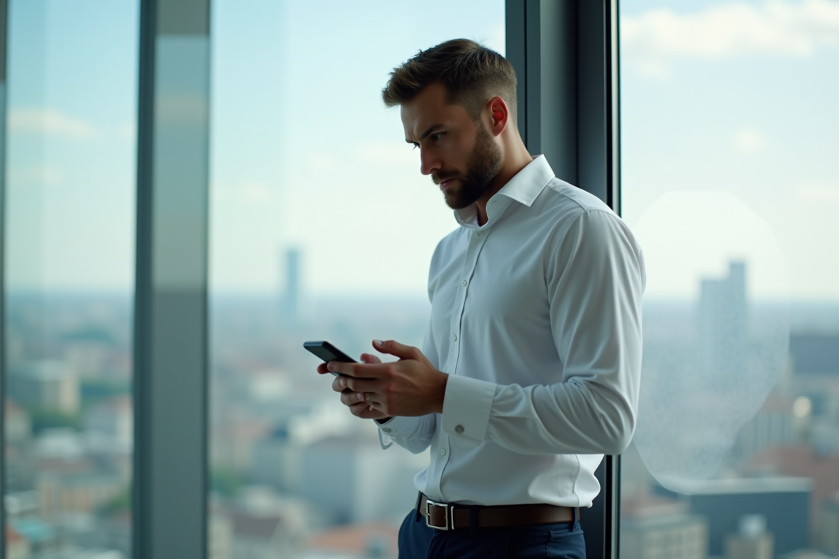 Jeune homme vérifiant ses emails dans un bureau à Nantes