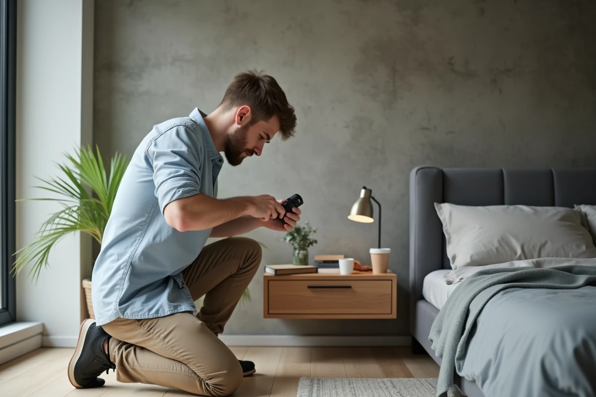 Jeune homme fixant un meuble de nuit flottant dans une chambre minimaliste