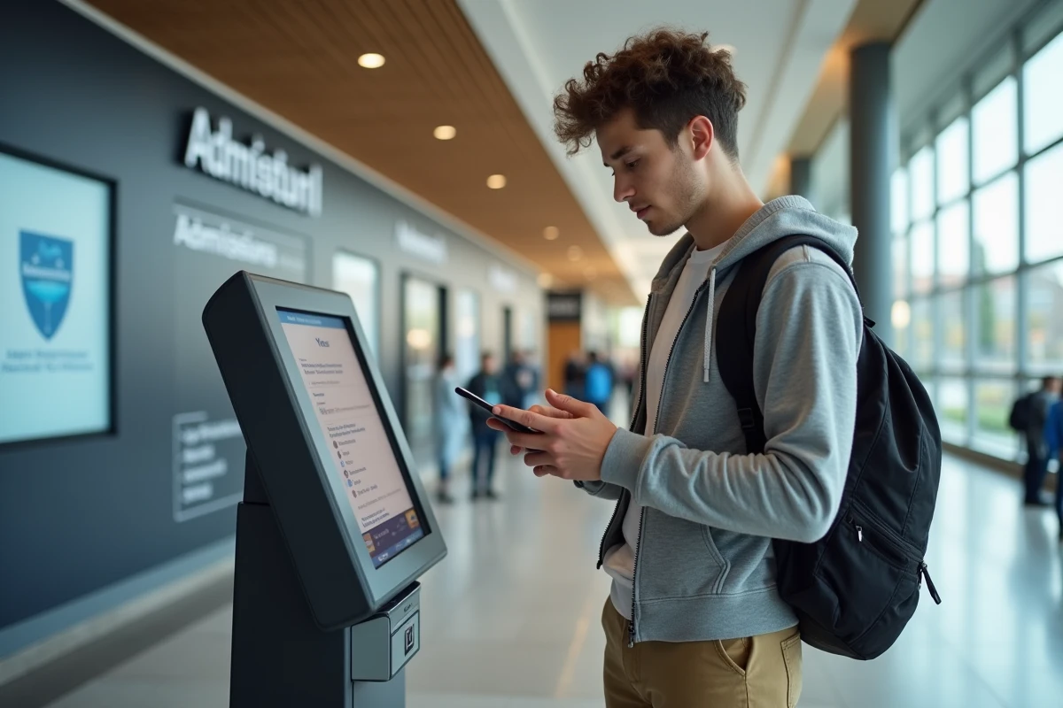 Jeune homme regardant son smartphone dans un bâtiment universitaire