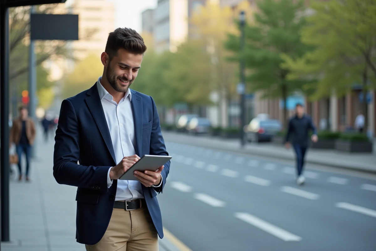 Jeune homme avec tablette à un arrêt de bus en ville