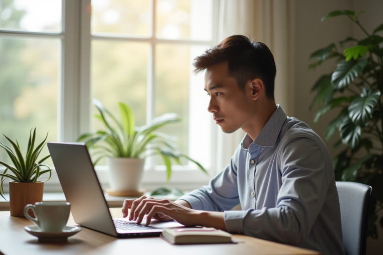Jeune professionnel travaillant à son bureau lumineux