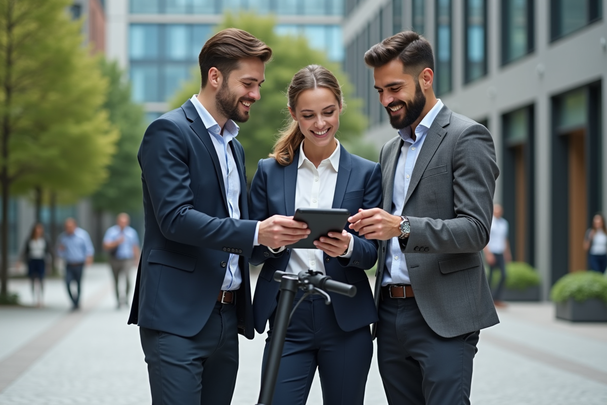 Trois jeunes professionnels partageant des données avec une trottinette électrique en ville