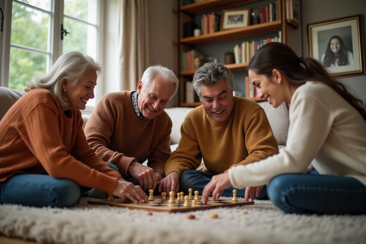 Trois générations jouant à un jeu de société dans un salon chaleureux
