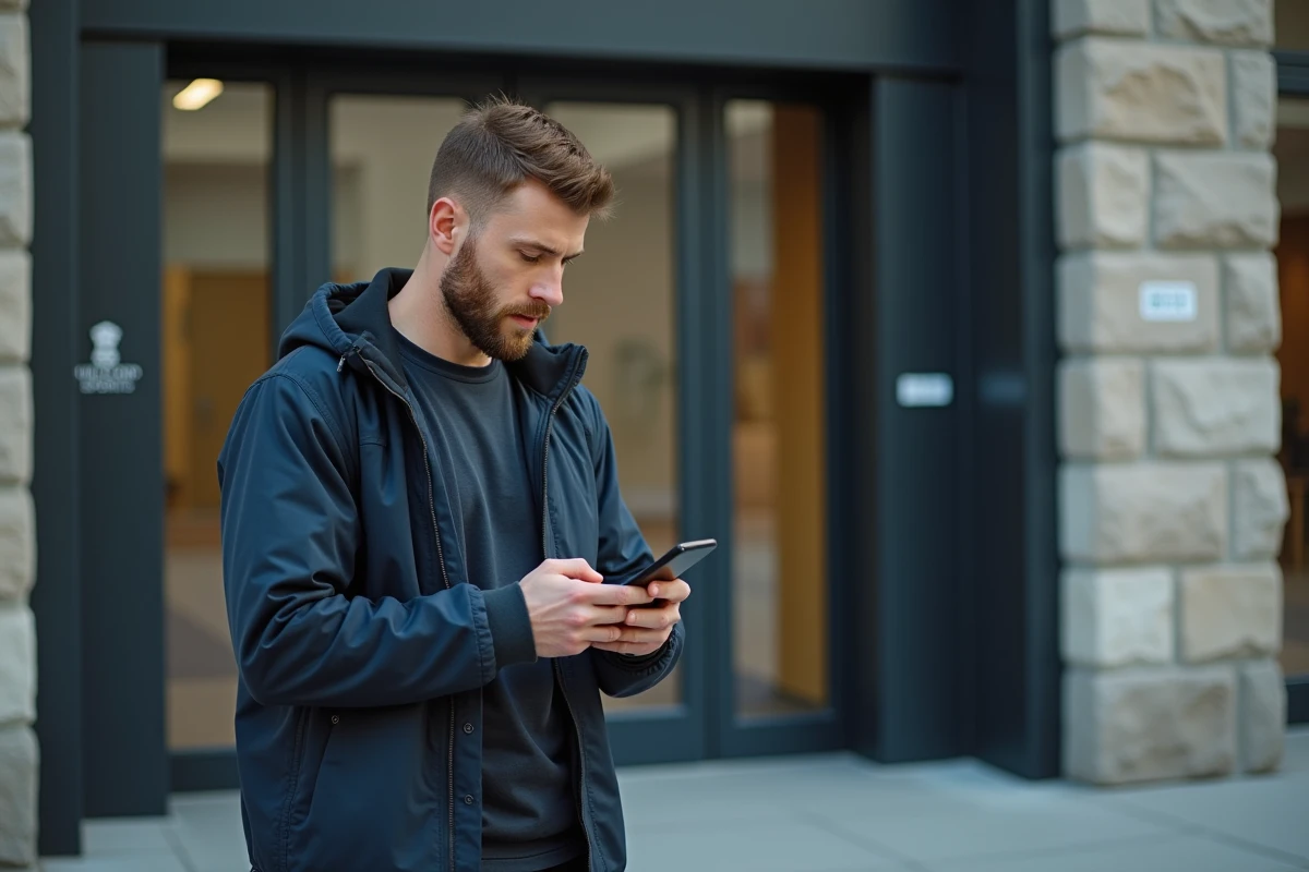 Joueur de rugby regardant son téléphone devant un bâtiment