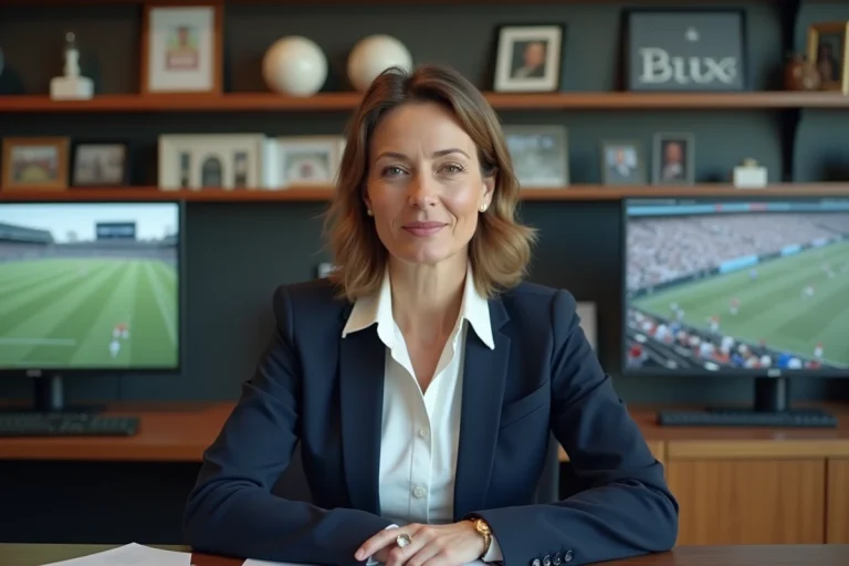 Femme journaliste en rédaction sportive en costume bleu