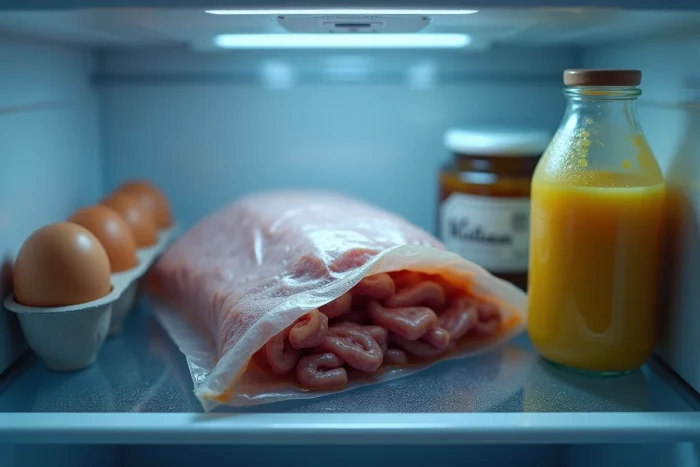 Paquet de lardons gonflé et décoloré posé dans un réfrigérateur ouvert parmi d'autres aliments du quotidien