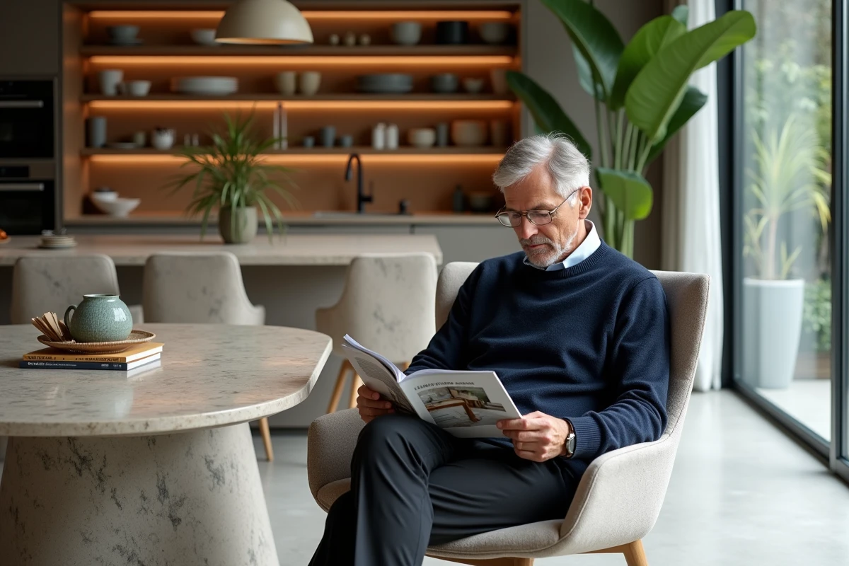 Homme lisant un magazine dans une cuisine contemporaine