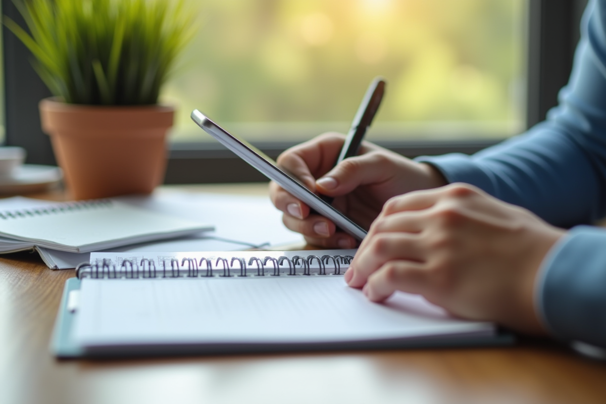 Mains tenant un smartphone et écrivant dans un agenda