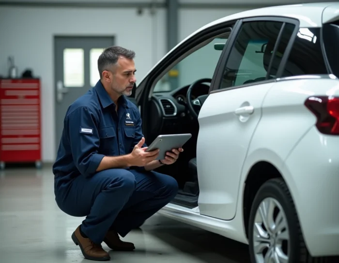 Mécanicien diagnostiquant les voyants d'une Peugeot 208 blanche dans un atelier automobile