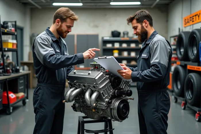 Deux mécaniciens analysant un moteur turbocompressé avec bloc forgé monté sur stand dans un garage de préparation motorsport