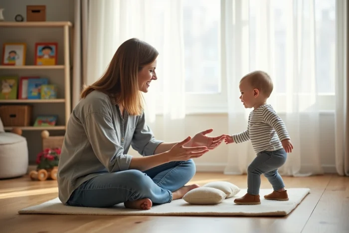 Mère encourageant son bébé à faire ses premiers pas seul dans une salle de jeux à domicile, thème du développement moteur et de la marche tardive