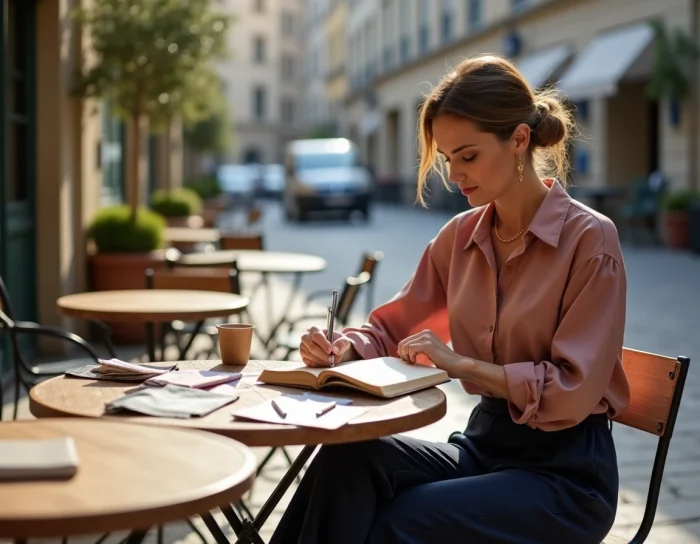 Femme élégante créant un moodboard de style vestimentaire personnel dans un café en terrasse