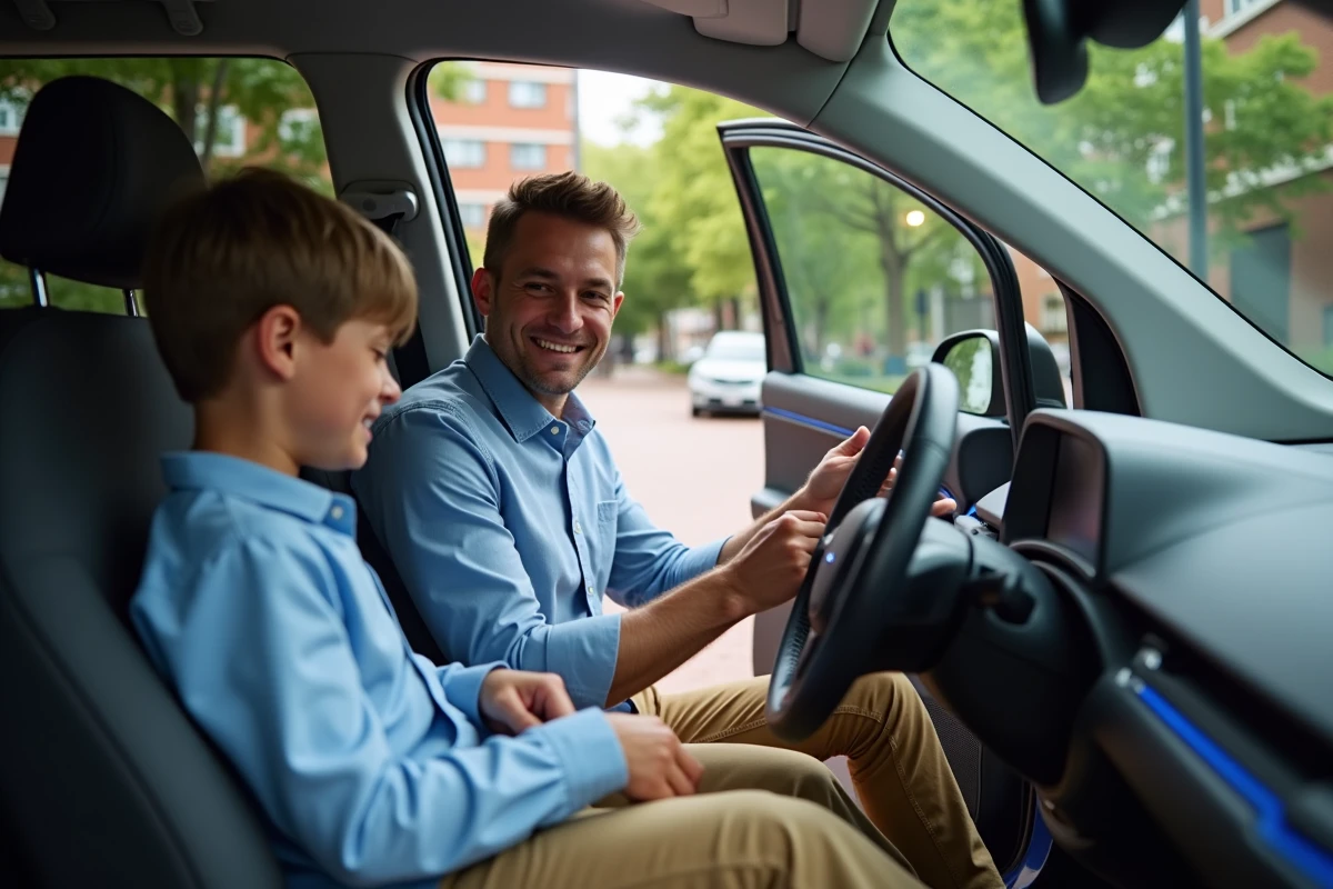 Père aidant ses enfants à attacher leur ceinture dans la voiture