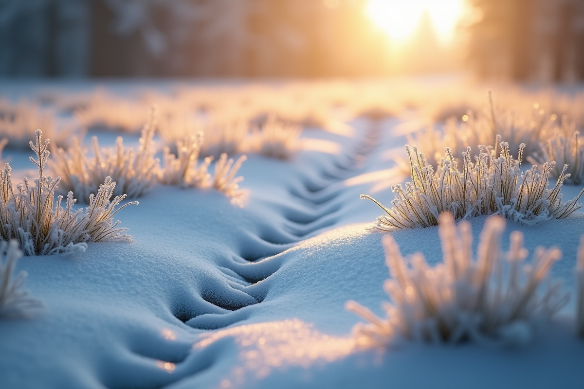 Prairie gelée au matin avec empreintes délicates de cerf
