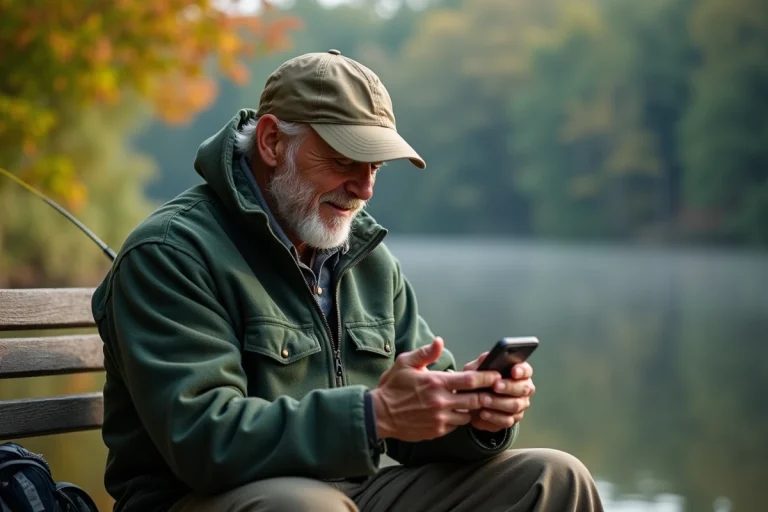 Homme pêcheur utilisant son smartphone au bord du lac