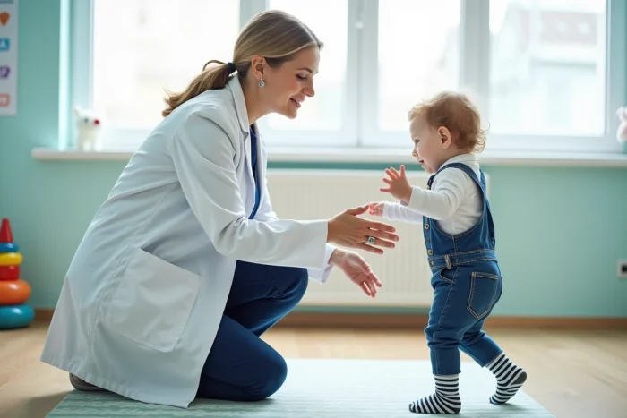 Pédiatre observant un bébé faire ses premiers pas lors d'une consultation médicale, dans le cadre d'un bilan de développement moteur