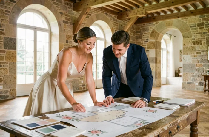 Mariés consultant un plan de salle détaillé pour organiser leur mariage dans un château français