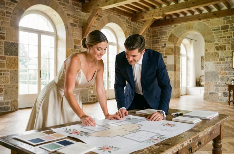 Mariés consultant un plan de salle détaillé pour organiser leur mariage dans un château français