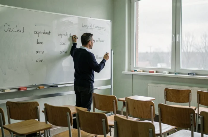 Professeur écrivant des connecteurs logiques français au tableau blanc dans une salle de classe vide
