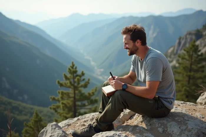 Randonneur prenant des notes dans un carnet face à un panorama de montagne