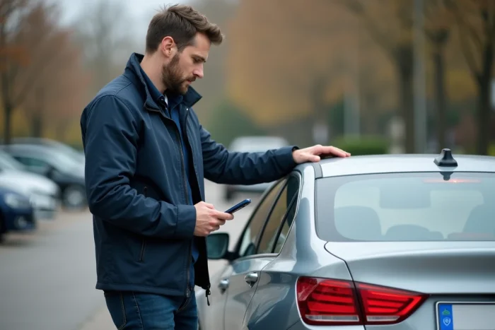 Homme effectuant le renouvellement de carte grise en ligne avec son smartphone devant sa voiture