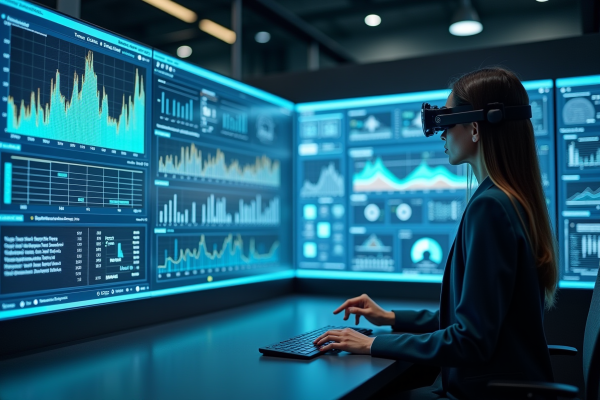 Salle de contrôle futuriste avec écrans et opératrice AR
