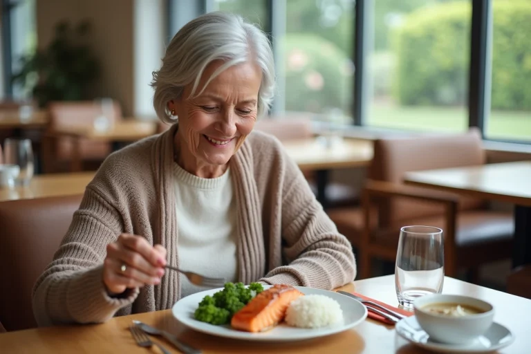 Femme senior souriante dégustant un repas sain dans une résidence