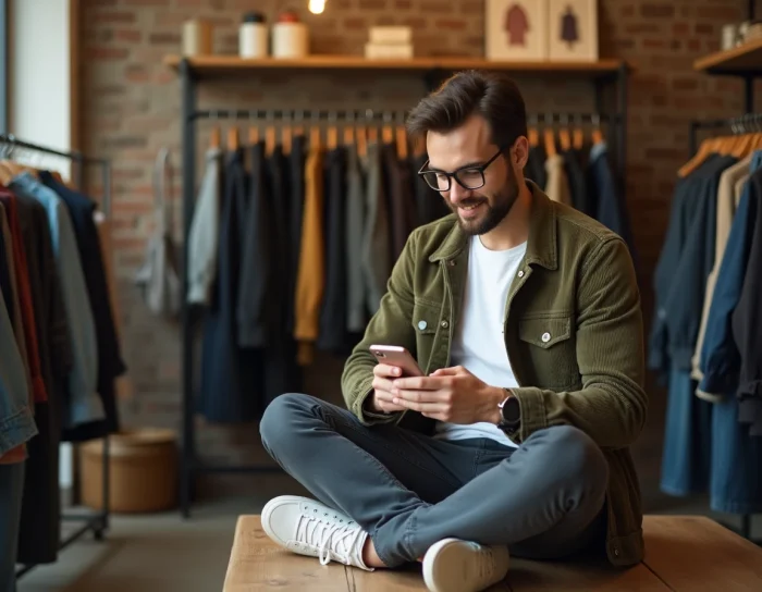 Jeune homme dans une boutique vintage cherchant son style personnel parmi des vêtements tendance