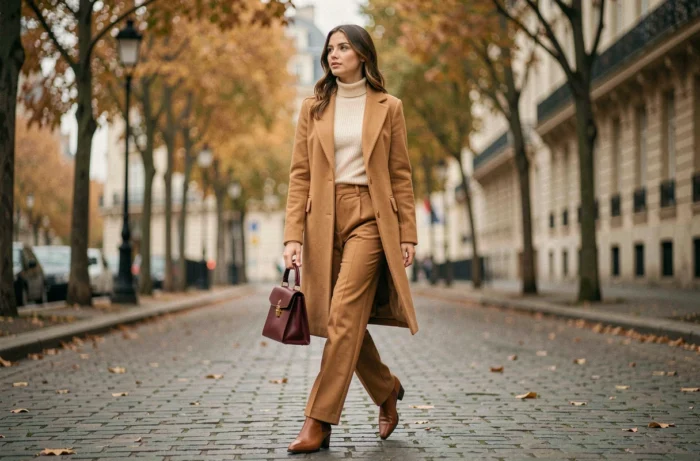 Femme élégante en manteau camel et pantalon large cognac marchant sur les pavés parisiens en automne, illustrant les tendances mode de la saison