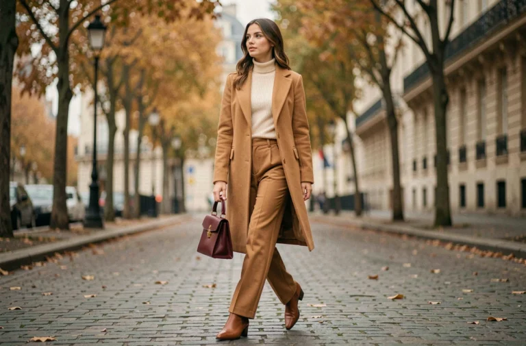 Femme élégante en manteau camel et pantalon large cognac marchant sur les pavés parisiens en automne, illustrant les tendances mode de la saison