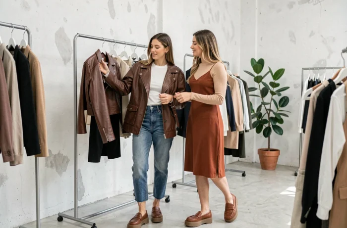 Deux femmes élégantes découvrant les dernières tendances mode de la saison dans un concept store minimaliste, vestes en cuir et robes superposées