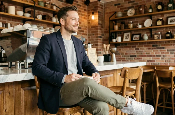 Homme tendance en blazer marine et chino olive assis dans un café contemporain, représentant les tendances mode masculines incontournables de la saison