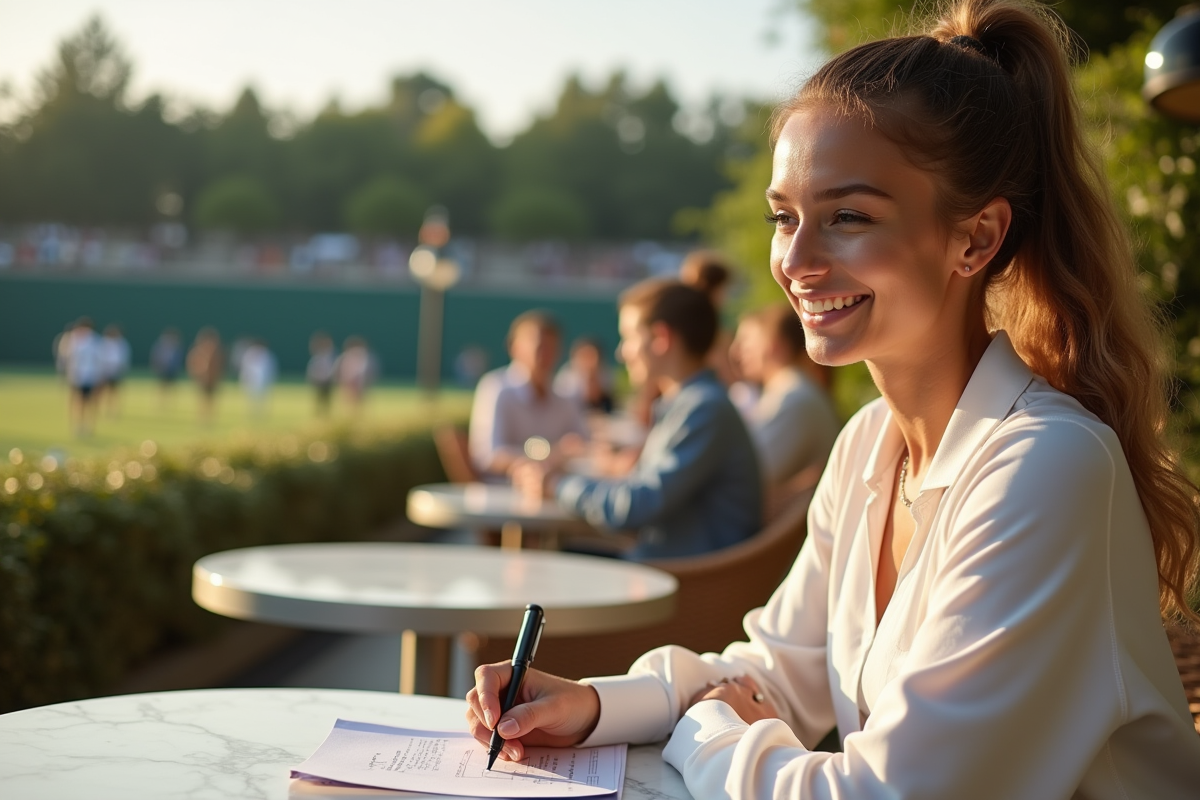 Jeune championne de tennis signant des autographes en terrasse