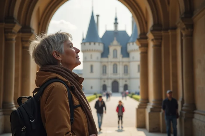 Touriste admirant la façade du château de Chambord à l'entrée du domaine, expérience de visite du patrimoine historique français