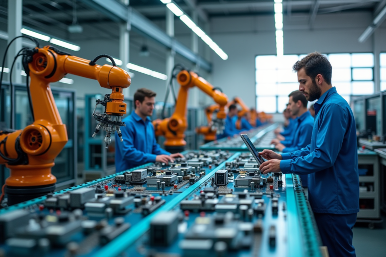 Usine automatisée avec bras robotisés et ingénieurs modernes