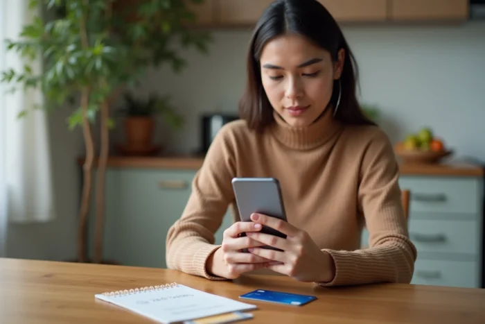 Jeune femme effectuant un virement bancaire vers son compte American Express depuis son téléphone à la maison