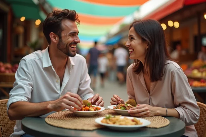 Deux voyageurs partageant un repas local sur une terrasse de marché animé