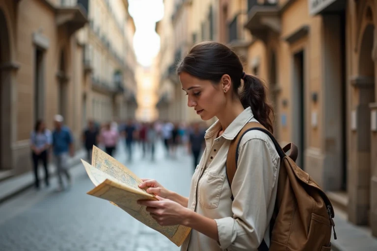Voyageuse consultant une carte dans une rue pavée d'une ville historique européenne